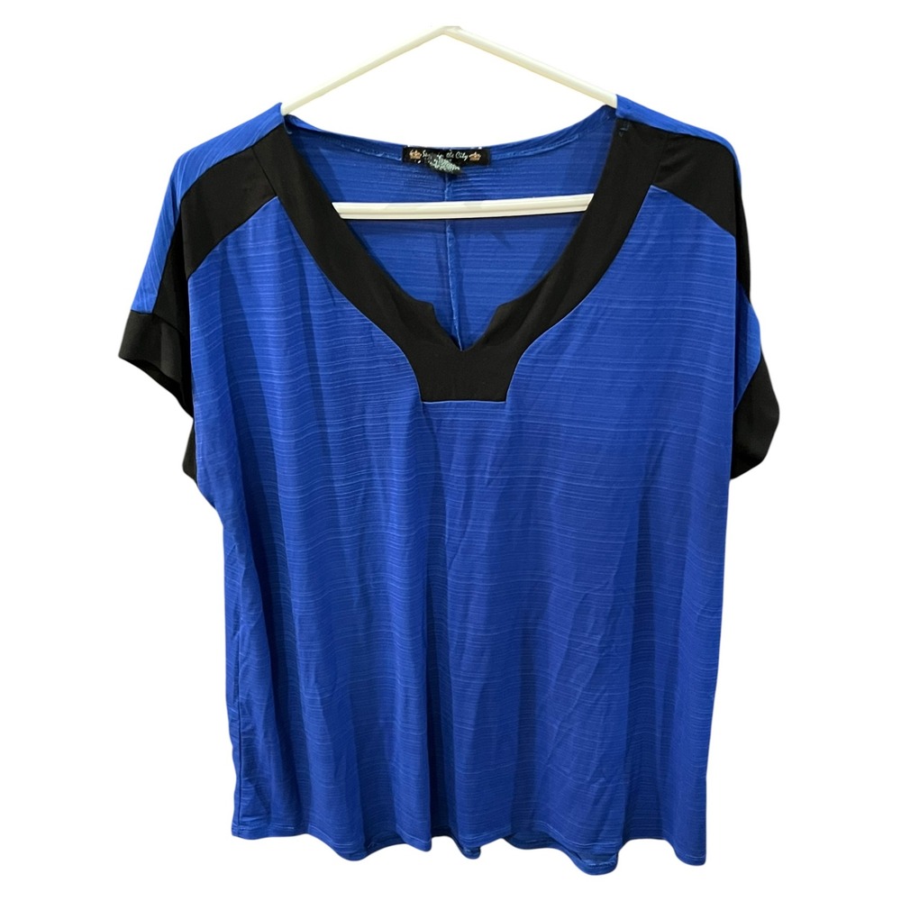 Suzie in‎ the City Cerulean Blue & Black V-Neck Blouse Women's Size 1X Plus